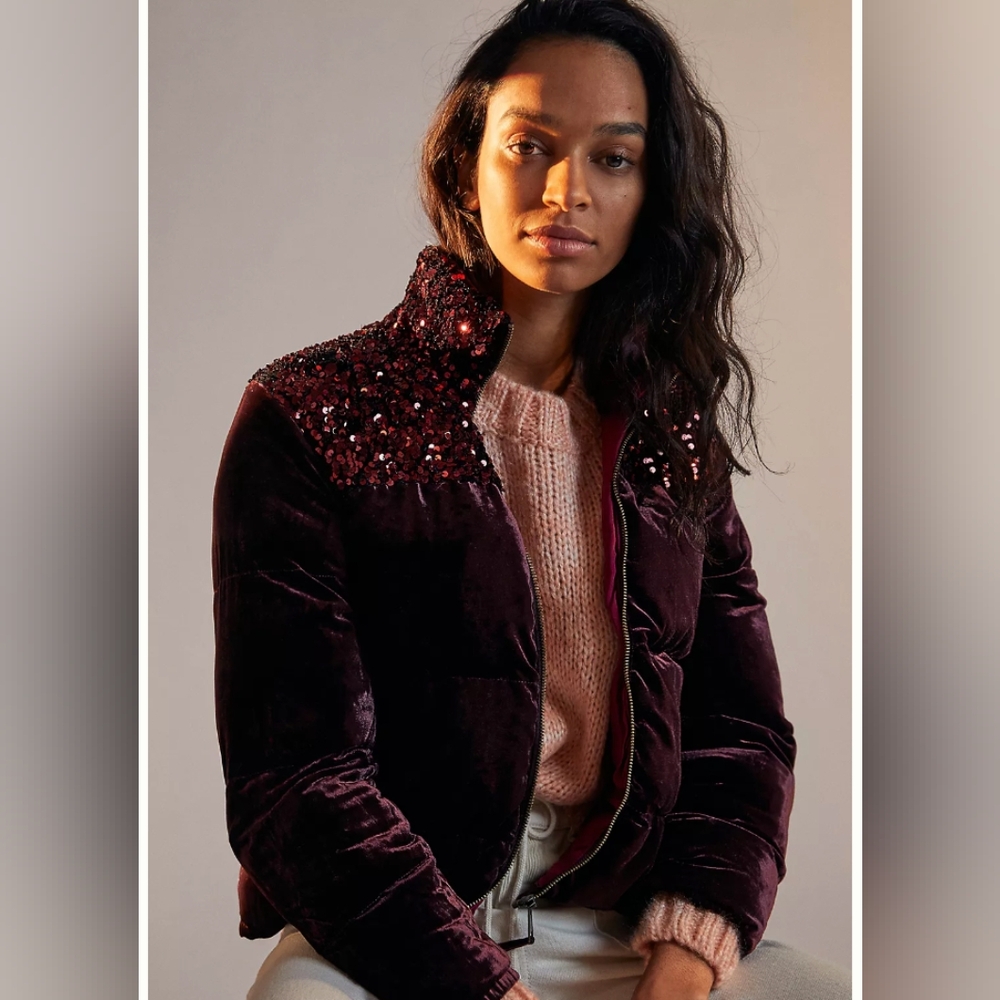 ANTHROPOLOGIE VERA SEQUINED VELVET PUFFER JACKET burgundy small